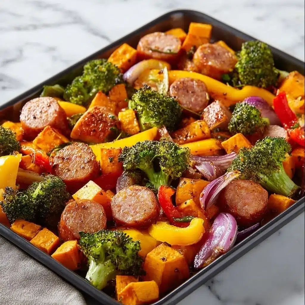 Quick Sheet Pan Chicken Sausage with vegetables ready to serve