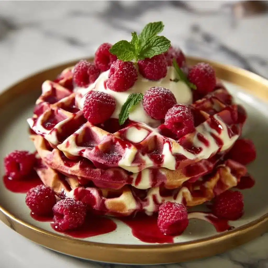 Delicious Red Velvet Marble Waffles served with cream cheese drizzle