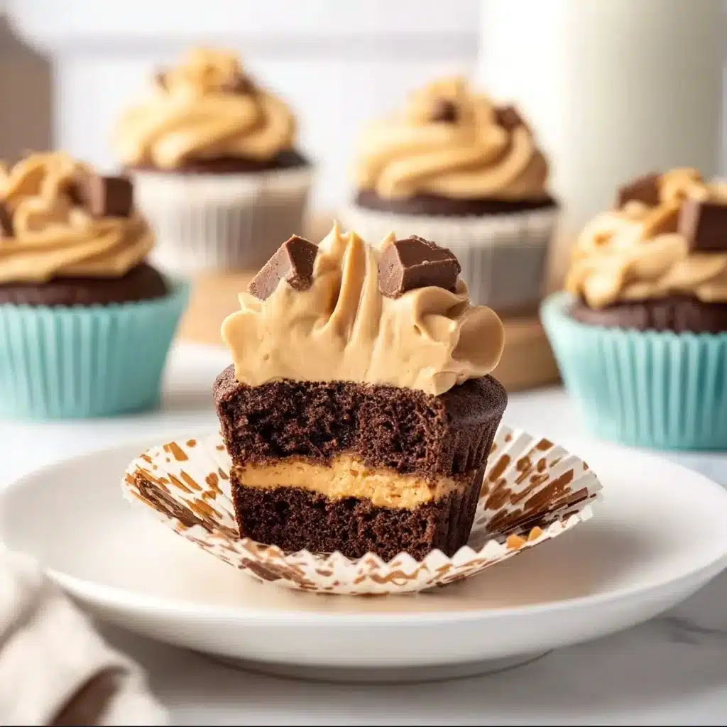 Reese’s Peanut Butter Brownie Cupcakes topped with creamy peanut butter frosting