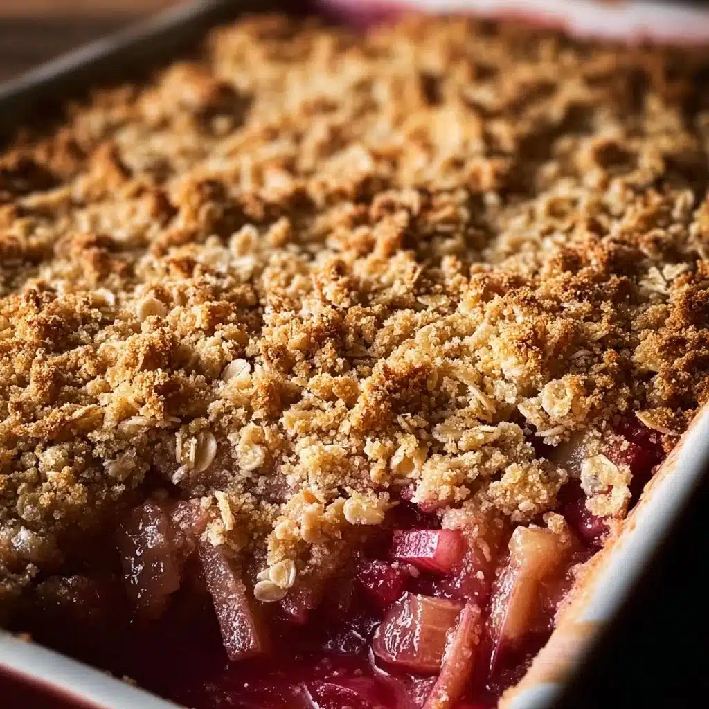 Delicious homemade rhubarb crisp with a crumbly topping fresh out of the oven.