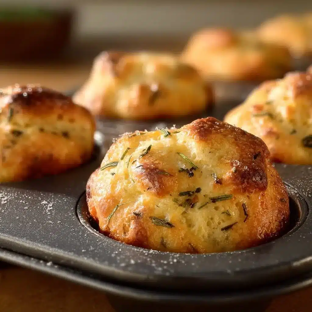 Freshly baked rosemary garlic focaccia muffins in a rustic setting