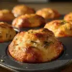 Freshly baked rosemary garlic focaccia muffins on a wooden cutting board.