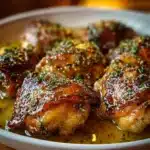 Savory crockpot chicken thighs served with vegetables in a family meal setting