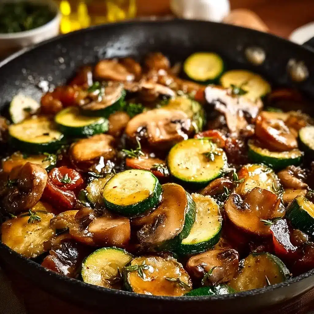 Savory skillet zucchini and mushrooms dish served in a pan