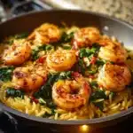 Shrimp and Spinach Orzo Skillet served in a pan