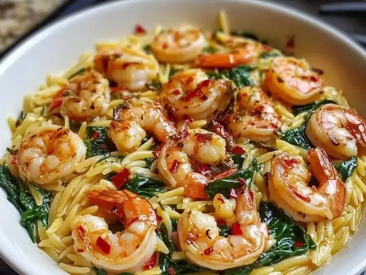 Shrimp and Spinach Orzo Skillet