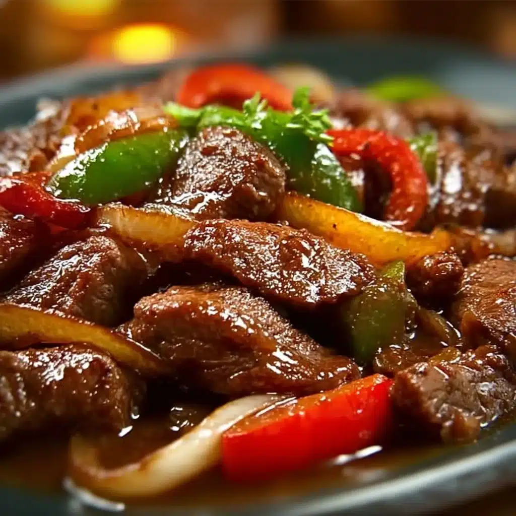 Delicious sizzling Chinese pepper steak served with onions on a plate.