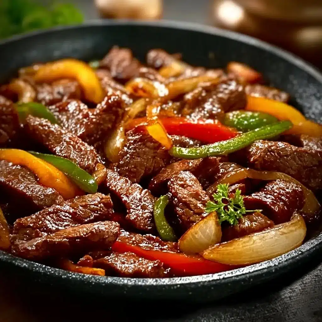 Sizzling Chinese pepper steak with onions served in a vibrant stir-fry dish