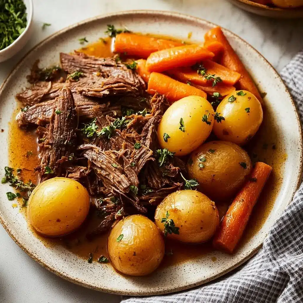 Tender slow cooker pot roast with vegetables served on a plate