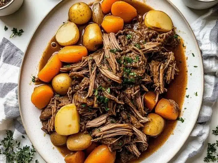Delicious slow cooker pot roast served with vegetables and gravy