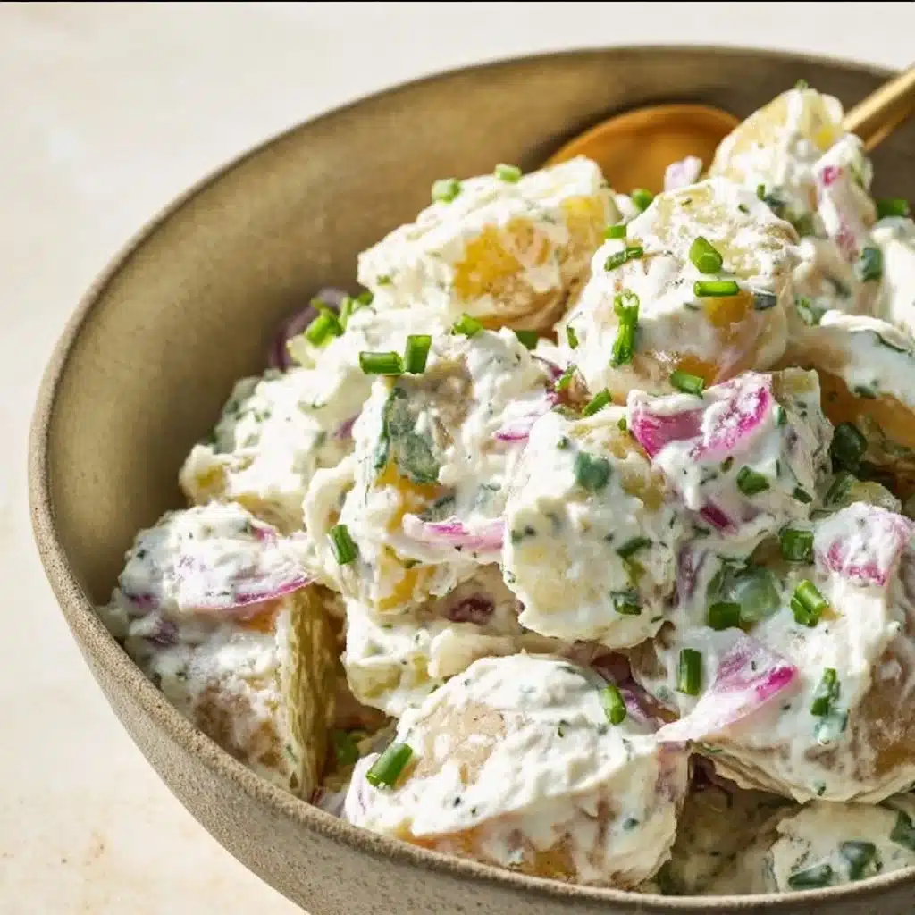 Sour Cream and Onion Potato Salad in a serving bowl garnished with herbs