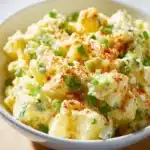 Bowl of creamy Southern potato salad garnished with herbs