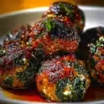 Spinach and garlic meatballs served with a side of marinara sauce.