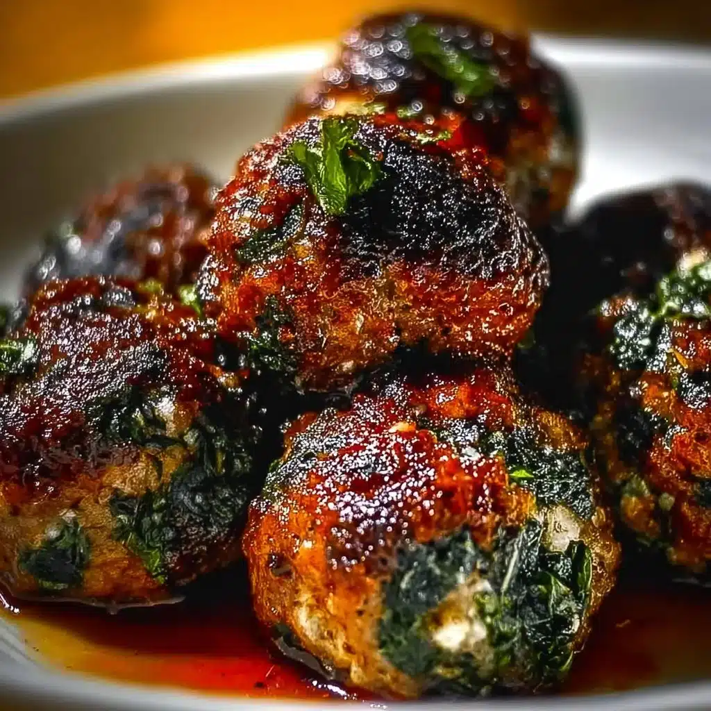 Spinach and garlic meatballs served with a side of marinara sauce.