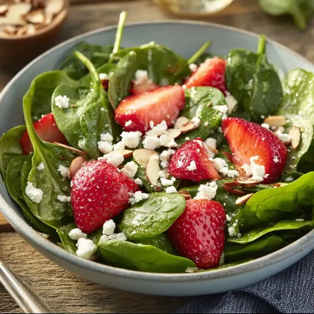 Delicious Spinach and Strawberry Poppyseed Salad served with fresh ingredients