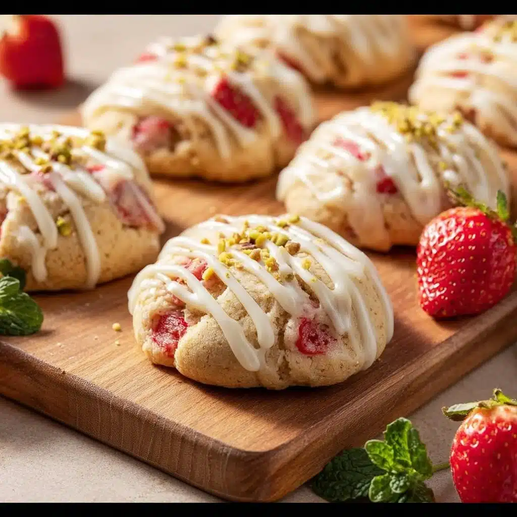Freshly baked strawberry shortcake cookies on a plate