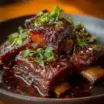 Super tender crockpot beef short ribs served with rich sauce and garnished herbs