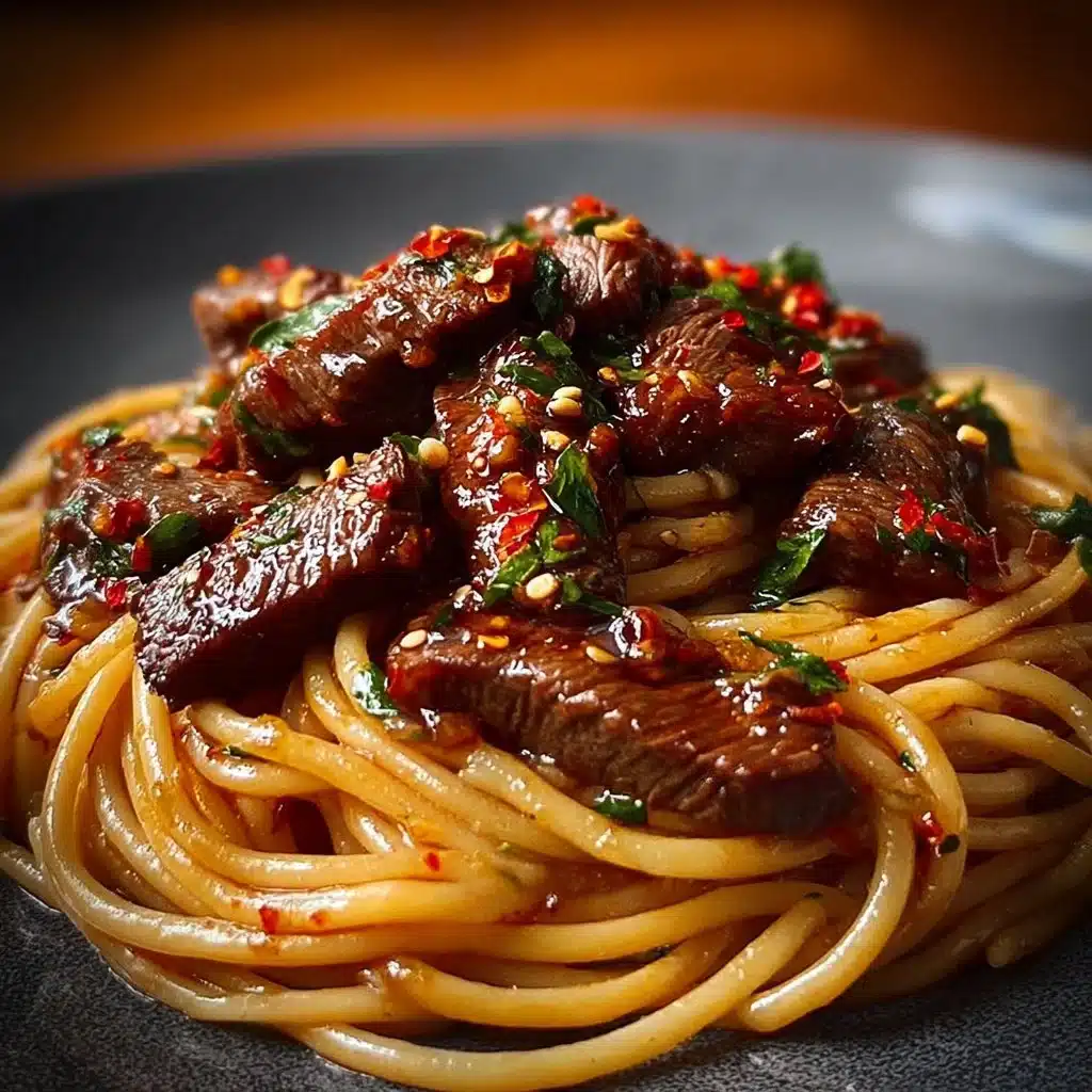 Sweet and Spicy Garlic Steak Pasta served in a bowl with herbs and spices