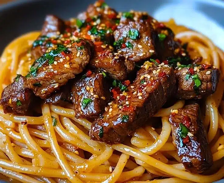 Sweet and Spicy Garlic Steak Pasta