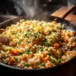 Delicious skillet fried rice served in a pan with colorful vegetables and aromatics
