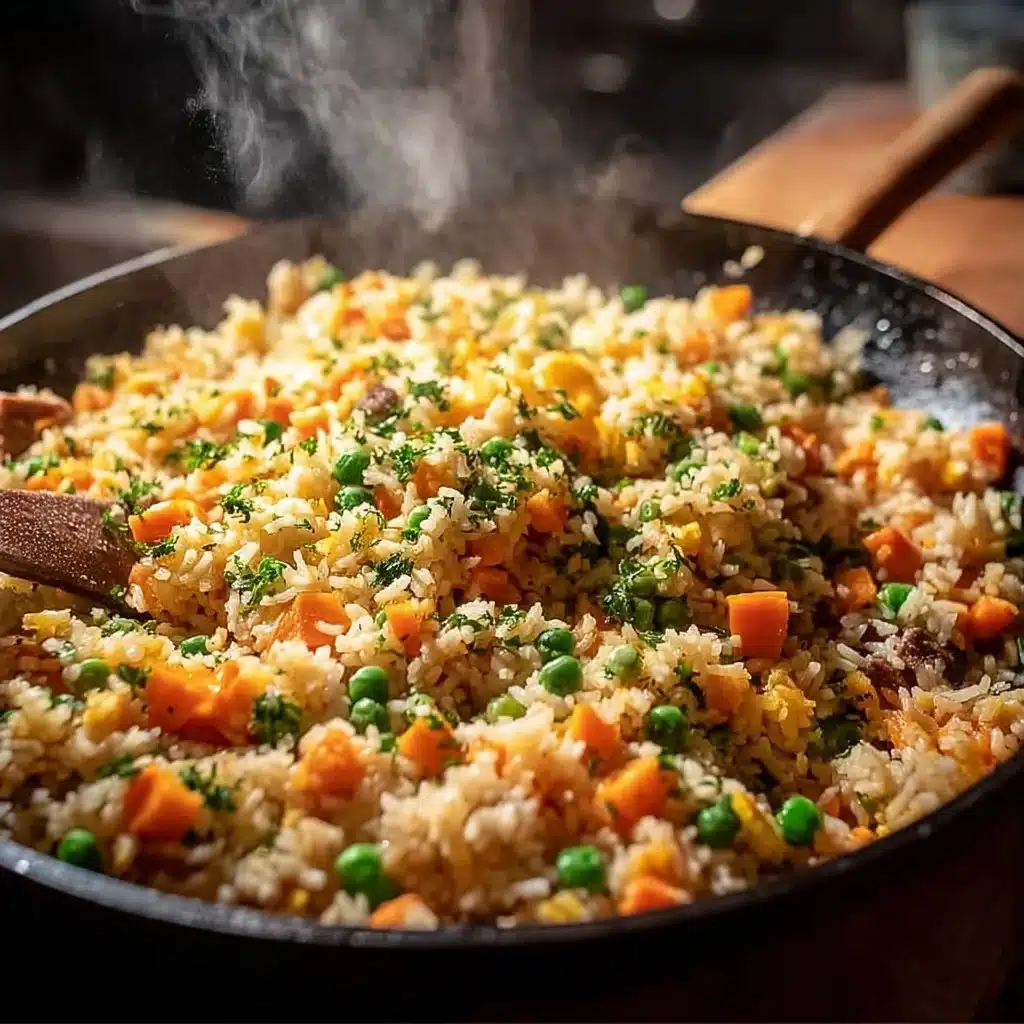 Delicious skillet fried rice served in a pan with colorful vegetables and aromatics