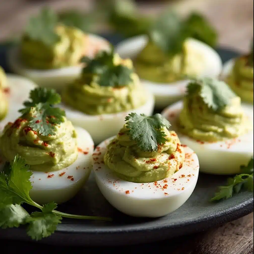 Creamy Avocado Deviled Eggs garnished with herbs
