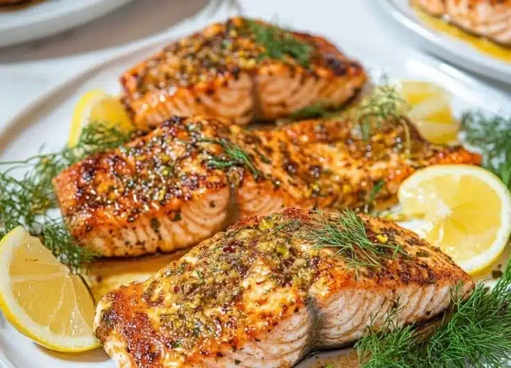 Baked Dijon Salmon served with vegetables on a plate