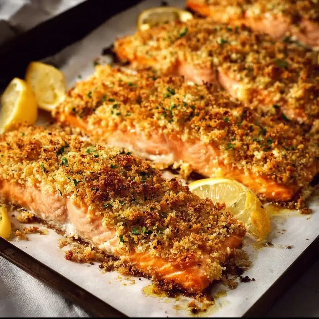 Baked Parmesan crusted salmon on a white plate with herbs.