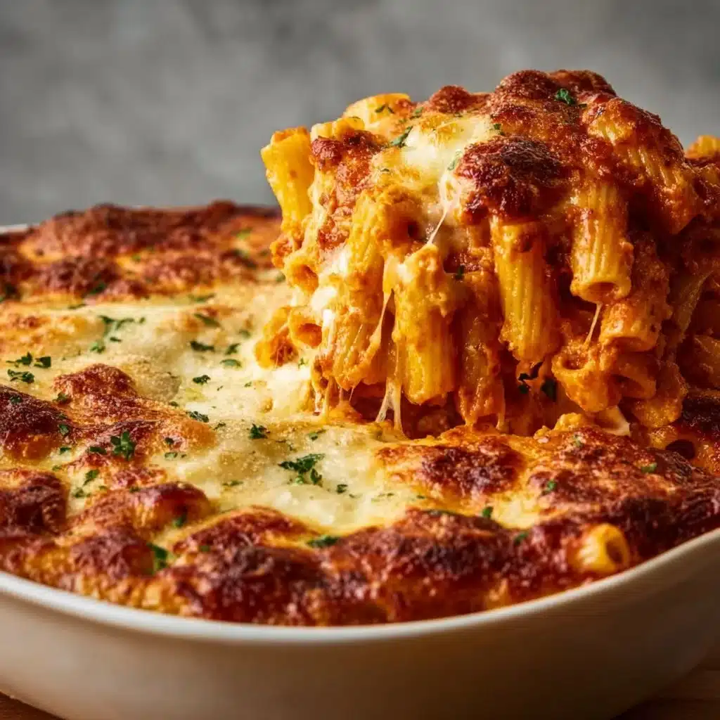 Delicious Baked Ziti topped with melted cheese and herbs in a baking dish