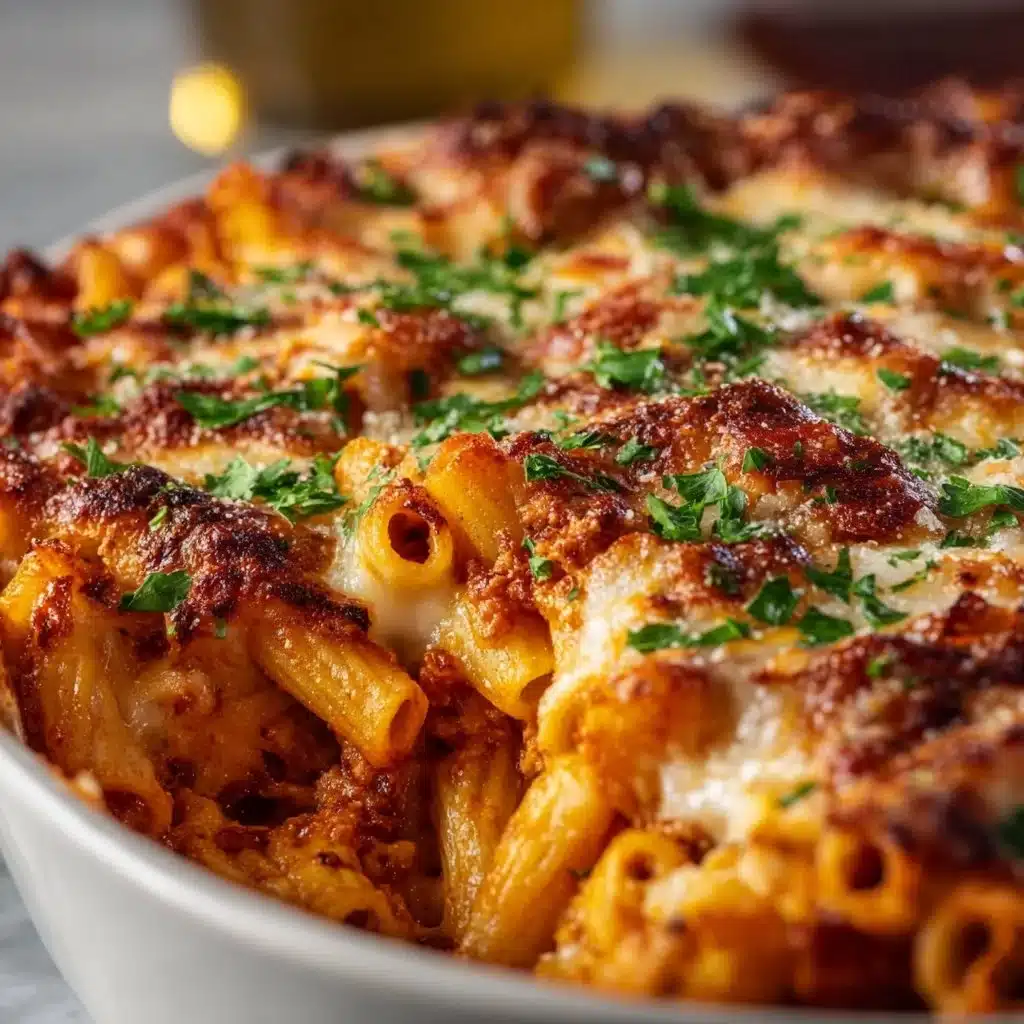 Delicious baked ziti with melted cheese and marinara sauce in a casserole dish