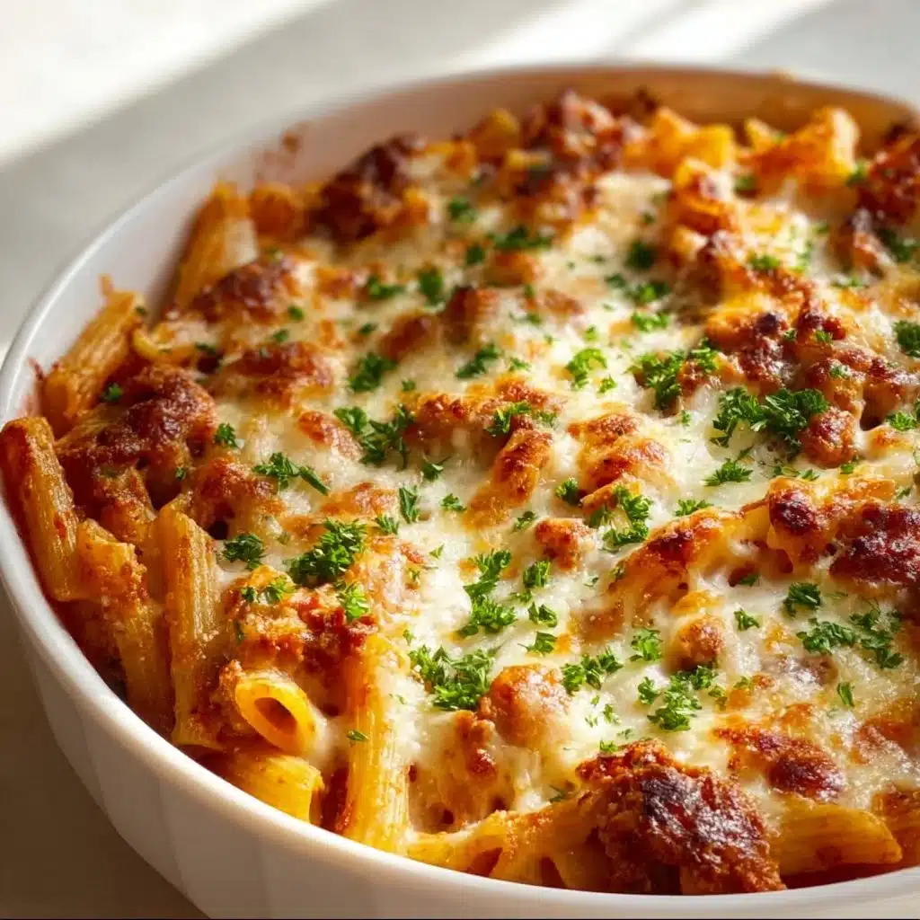 Delicious Baked Ziti with melted cheese and rich tomato sauce