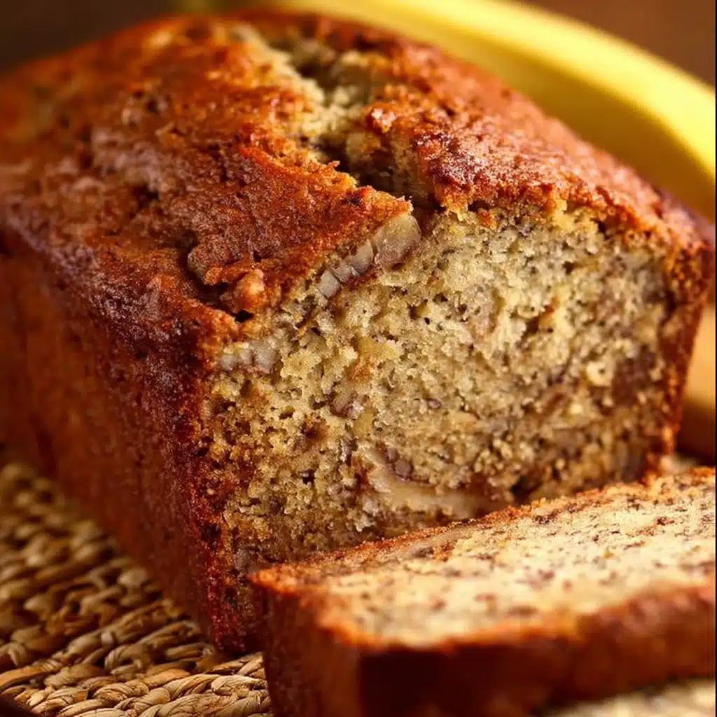 Homemade banana bread fresh out of the oven with sliced bananas on top.