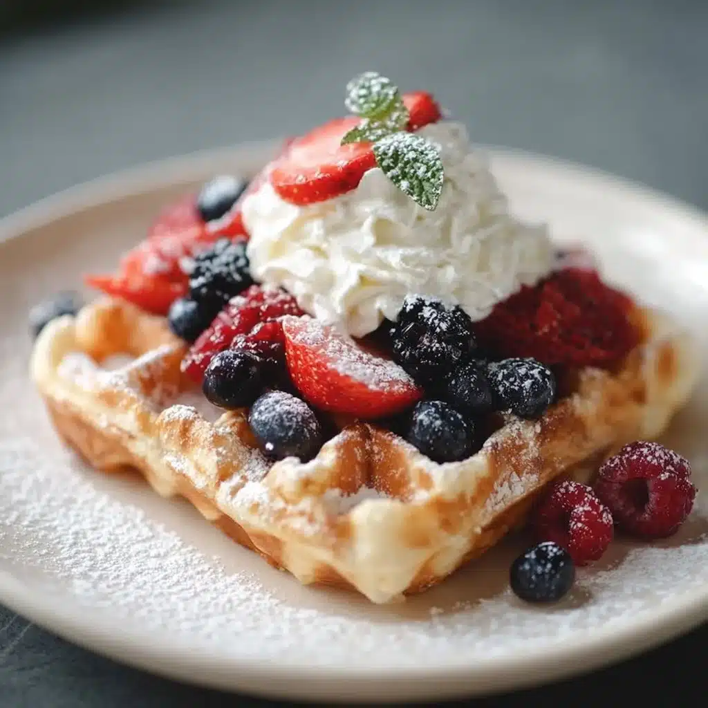 Delicious Belgian waffle topped with whipped cream and strawberries