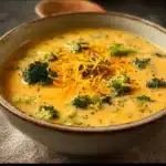 Bowl of creamy broccoli cheddar soup garnished with cheese and fresh herbs