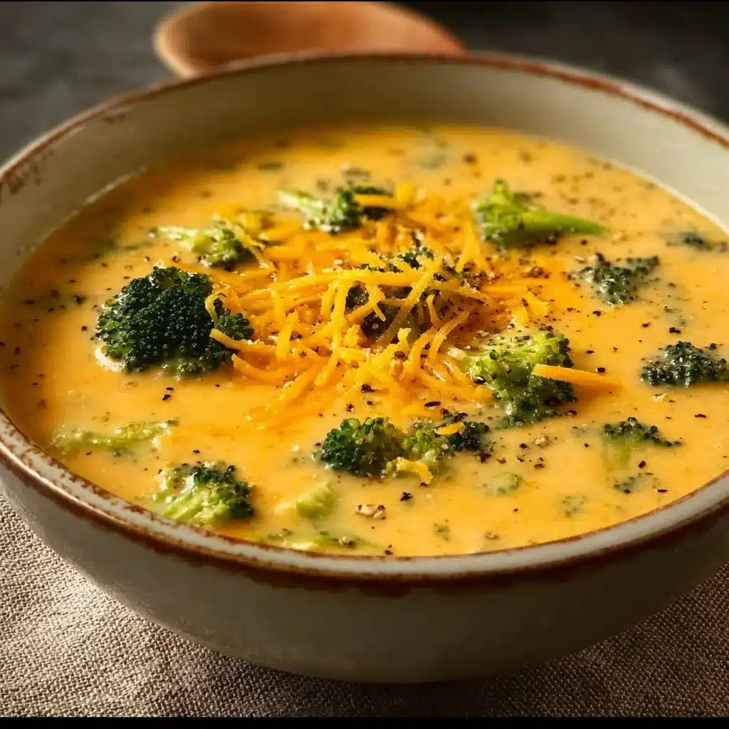 Bowl of creamy broccoli cheddar soup garnished with cheese and fresh herbs