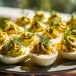 Plate of dill pickle deviled eggs garnished with dill and pickles