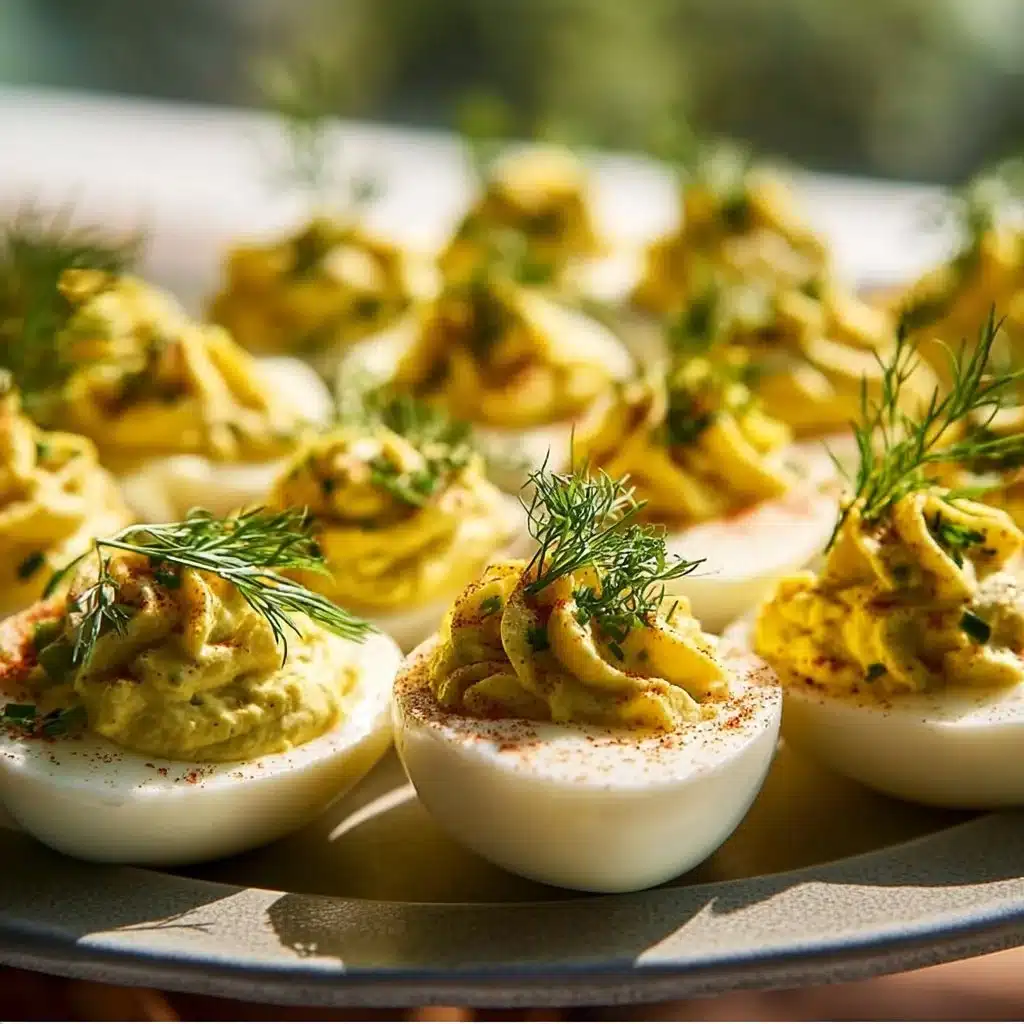 Plate of dill pickle deviled eggs garnished with dill and pickles