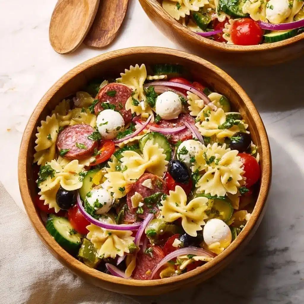 Delicious Italian pasta salad with salami, vegetables, and dressing