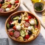 Bowl of Best Italian Pasta Salad with Salami, colorful and fresh ingredients.