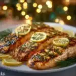 Delicious plate of lemon grilled salmon garnished with herbs