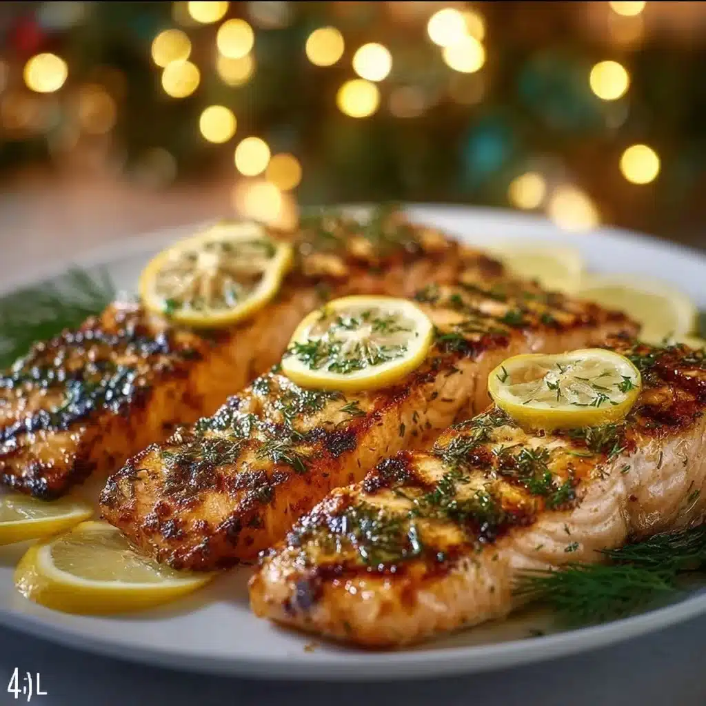 Delicious plate of lemon grilled salmon garnished with herbs