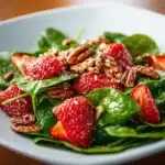 Delicious strawberry spinach salad with candied pecans and poppy seed dressing