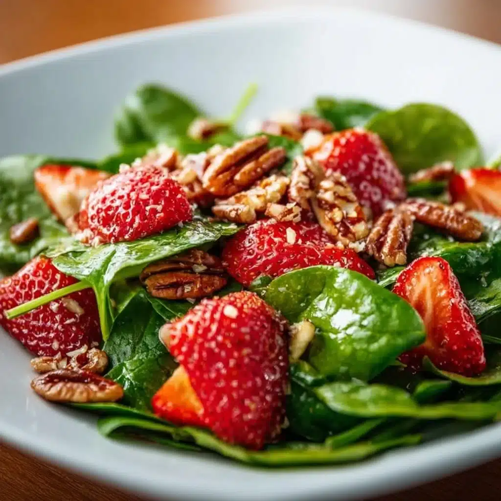 Delicious strawberry spinach salad with candied pecans and poppy seed dressing