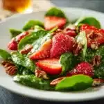 Delicious strawberry spinach salad with candied pecans and creamy poppy seed dressing