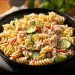 Delicious bowl of the best tuna pasta salad with fresh ingredients