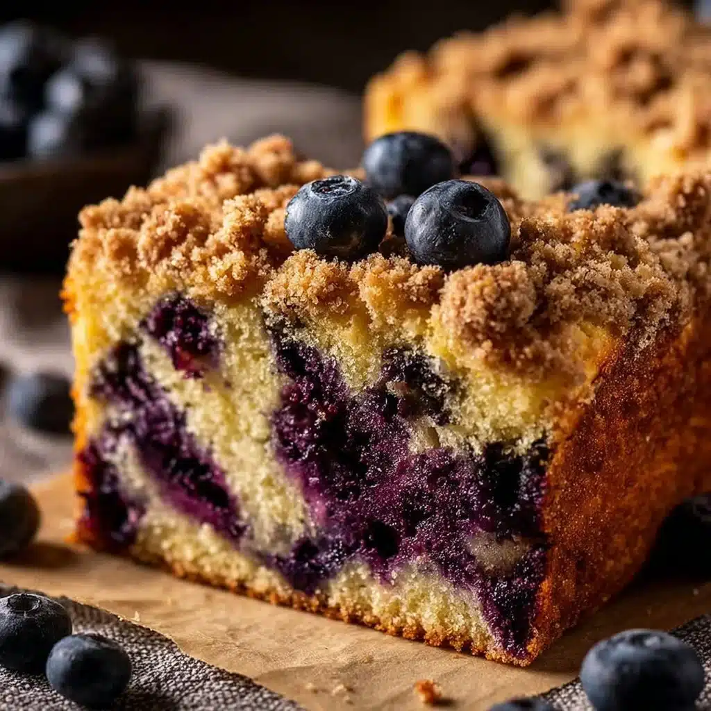 Delicious Blueberry Coffee Cake with fresh blueberries on top