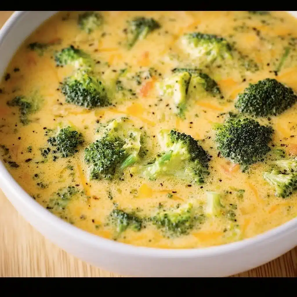 Delicious bowl of homemade broccoli cheddar soup topped with cheddar cheese.