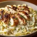 Creamy Chicken Alfredo Pasta with chicken pieces and herbs