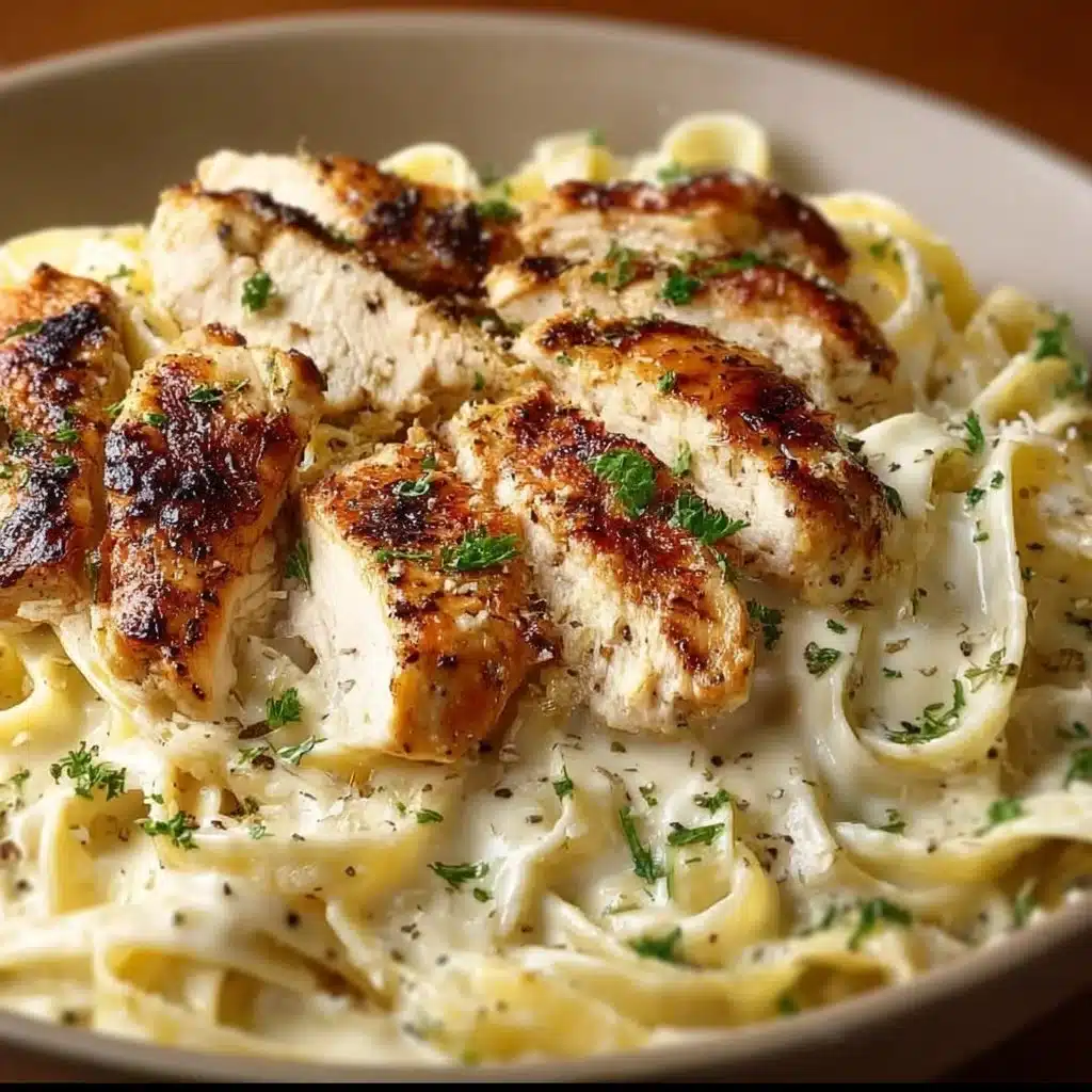 Creamy Chicken Alfredo Pasta with chicken pieces and herbs