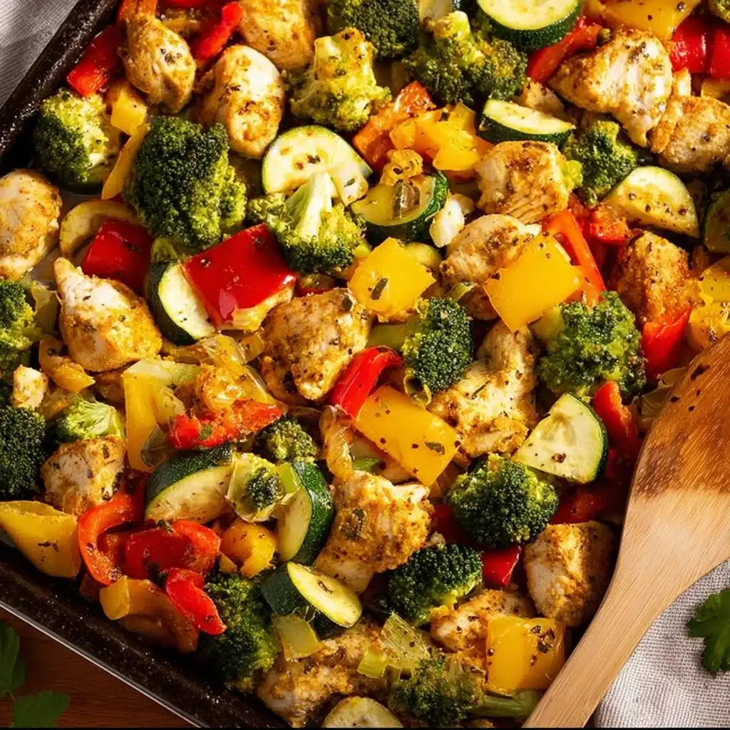 Delicious chicken and veggie sheet pan meal ready to serve.